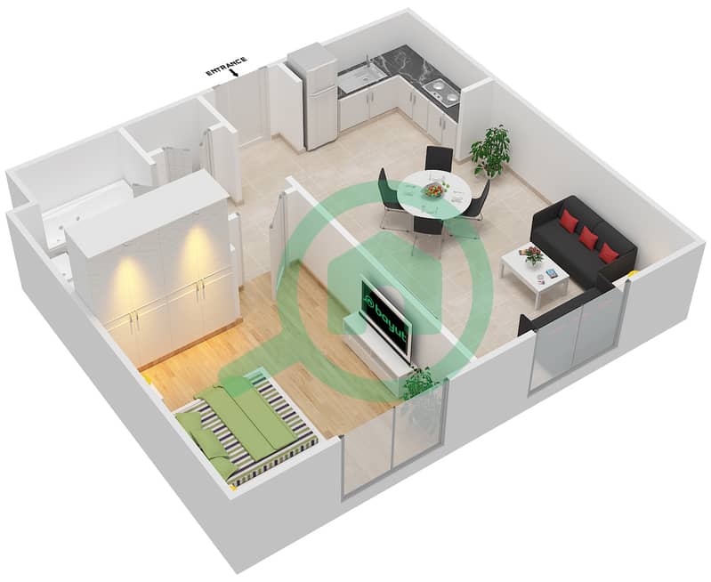 المخططات الطابقية لتصميم الوحدة 4 شقة 1 غرفة نوم - ايلاند بارك 1 Floor 9 interactive3D