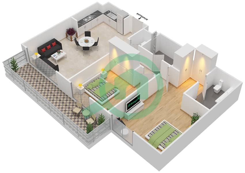 Айленд Парк 1 - Апартамент 2 Cпальни планировка Единица измерения 5 Floor 1 interactive3D