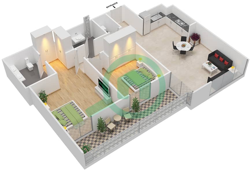 المخططات الطابقية لتصميم الوحدة 6 شقة 2 غرفة نوم - ايلاند بارك 1 Floor 1 interactive3D