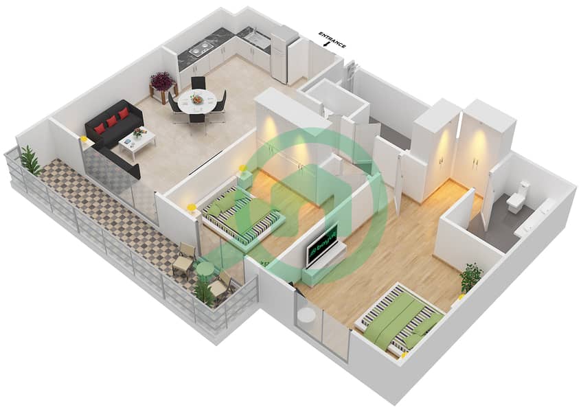 المخططات الطابقية لتصميم الوحدة 8 شقة 2 غرفة نوم - ايلاند بارك 1 Floor 1 interactive3D