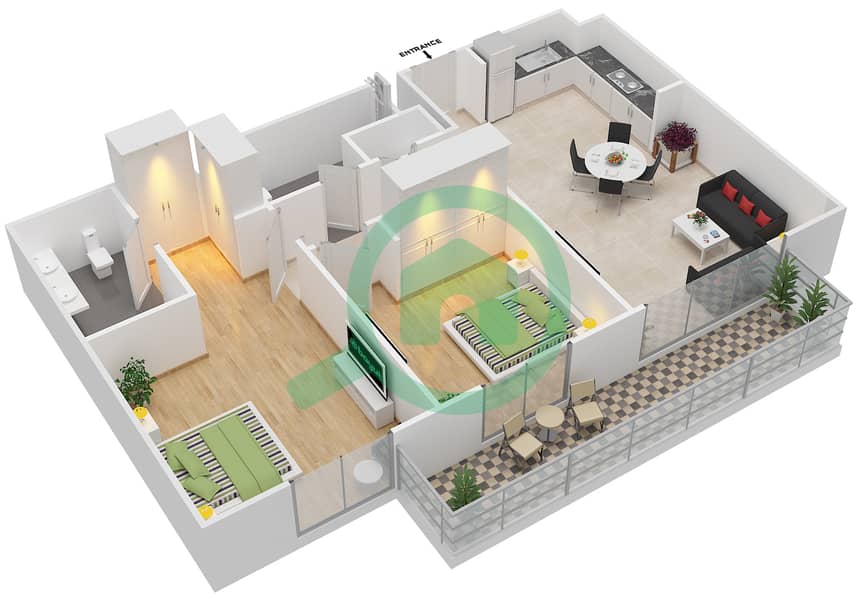 المخططات الطابقية لتصميم الوحدة 9 شقة 2 غرفة نوم - ايلاند بارك 1 Floor 1 interactive3D