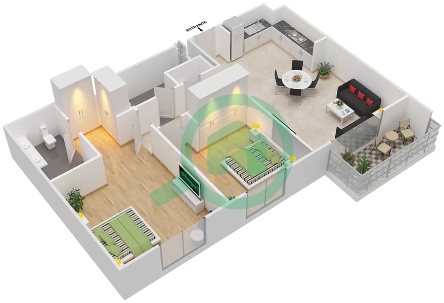 المخططات الطابقية لتصميم الوحدة 11 شقة 2 غرفة نوم - ايلاند بارك 1 Floor 1 interactive3D