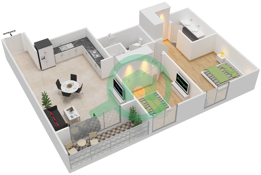 المخططات الطابقية لتصميم الوحدة 12 شقة 2 غرفة نوم - ايلاند بارك 1 Floor 1 interactive3D