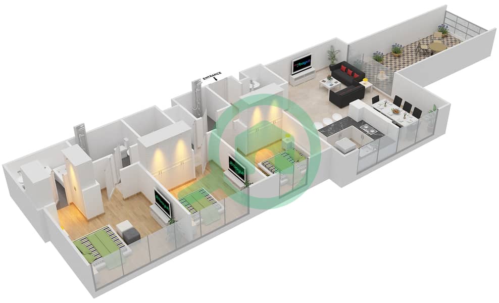 المخططات الطابقية لتصميم الوحدة 8 شقة 3 غرف نوم - ايلاند بارك 1 Floor 10 interactive3D