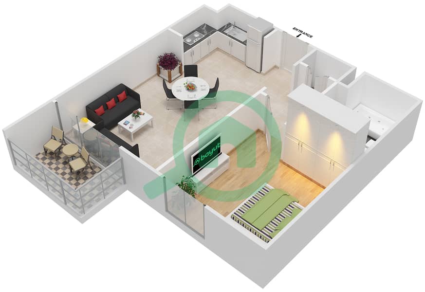 岛屿公园1号 - 1 卧室公寓单位2戶型图 Floor 2-6,8 interactive3D