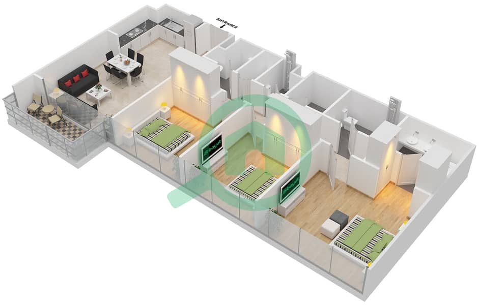 المخططات الطابقية لتصميم الوحدة 7 شقة 3 غرف نوم - ايلاند بارك 1 Floor 10 interactive3D