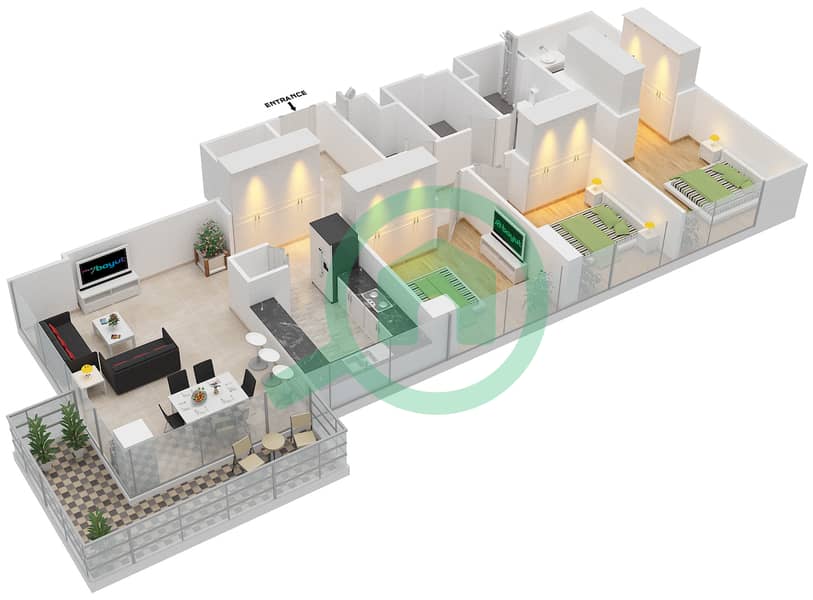 المخططات الطابقية لتصميم الوحدة 6 شقة 3 غرف نوم - ايلاند بارك 1 Floor 10 interactive3D