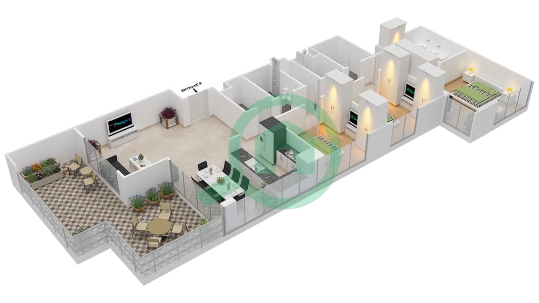 المخططات الطابقية لتصميم الوحدة 3 FLOOR 9 شقة 3 غرف نوم - ايلاند بارك 1 Floor 9 interactive3D