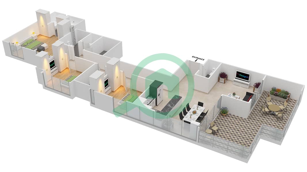 岛屿公园1号 - 3 卧室公寓单位2 FLOOR 9戶型图 Floor 9 interactive3D