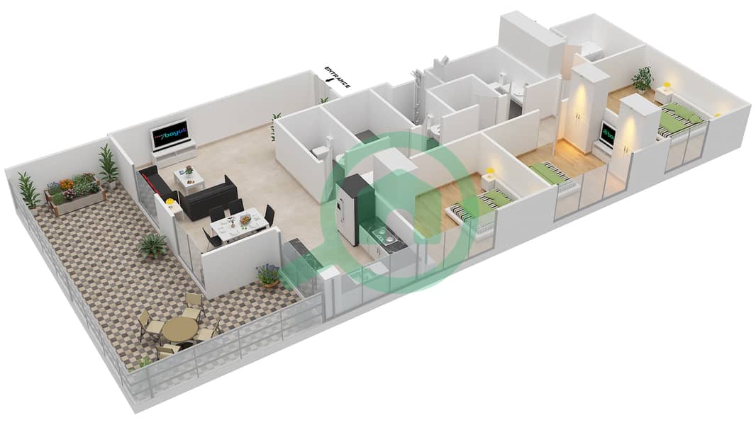 المخططات الطابقية لتصميم الوحدة 4 FLOOR 8 شقة 3 غرف نوم - ايلاند بارك 1 Floor 8 interactive3D