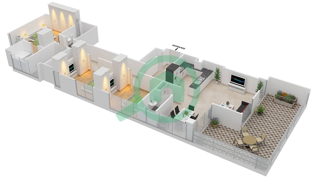 岛屿公园1号 - 3 卧室公寓单位3 FLOOR 8戶型图 interactive3D