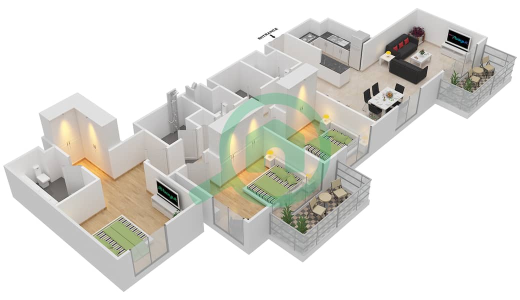 المخططات الطابقية لتصميم الوحدة 5 FLOOR 7 شقة 3 غرف نوم - ايلاند بارك 1 Floor 7 interactive3D