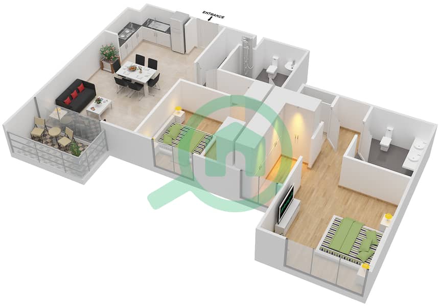 المخططات الطابقية لتصميم الوحدة 2 FLOOR 7 شقة 2 غرفة نوم - ايلاند بارك 1 Floor 7 interactive3D
