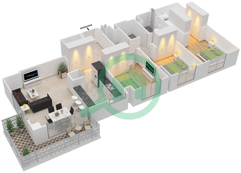 المخططات الطابقية لتصميم الوحدة 7,8,10 شقة 3 غرف نوم - ايلاند بارك 1 Floor 2-6,7-9 interactive3D