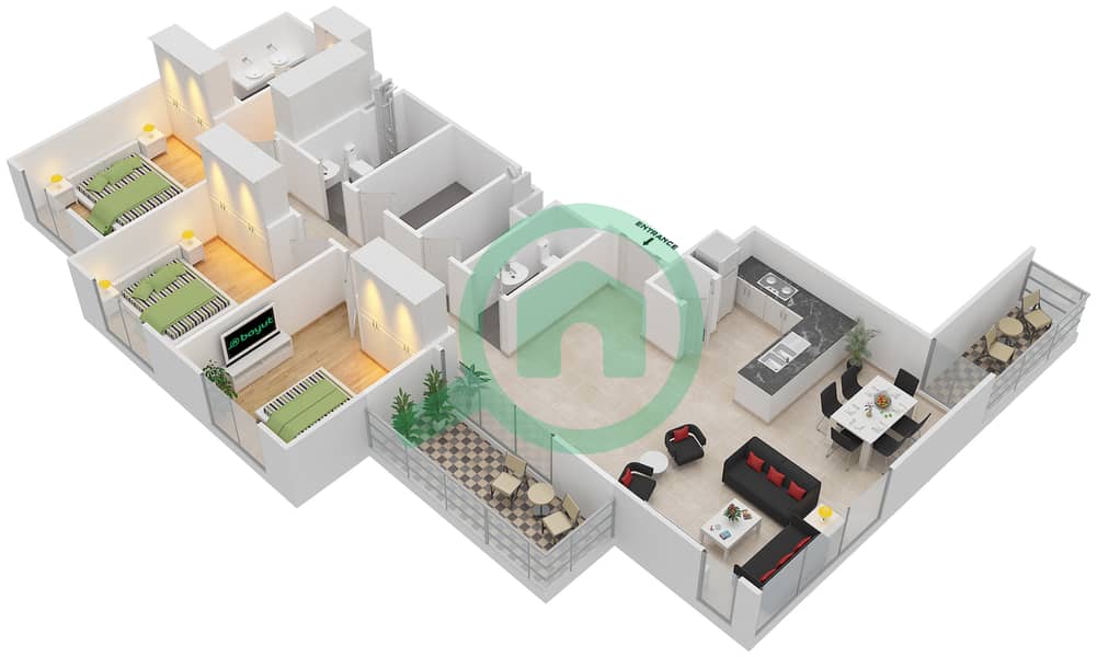 岛屿公园1号 - 3 卧室公寓单位10,11,13戶型图 Floor 1-2,6-9 interactive3D