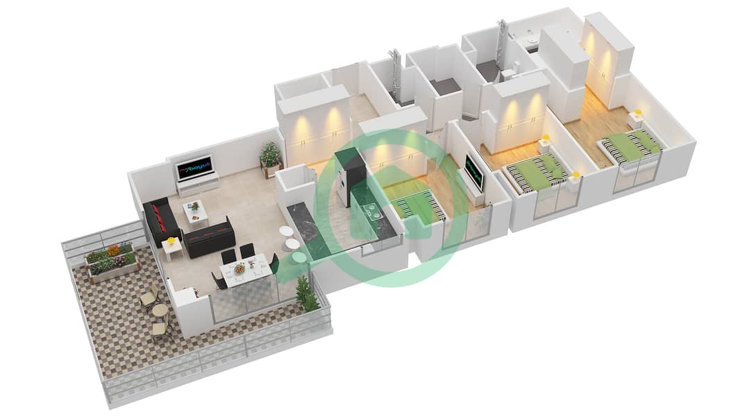 المخططات الطابقية لتصميم الوحدة 7 FLOOR 1 شقة 3 غرف نوم - ايلاند بارك 1 Floor 1 interactive3D
