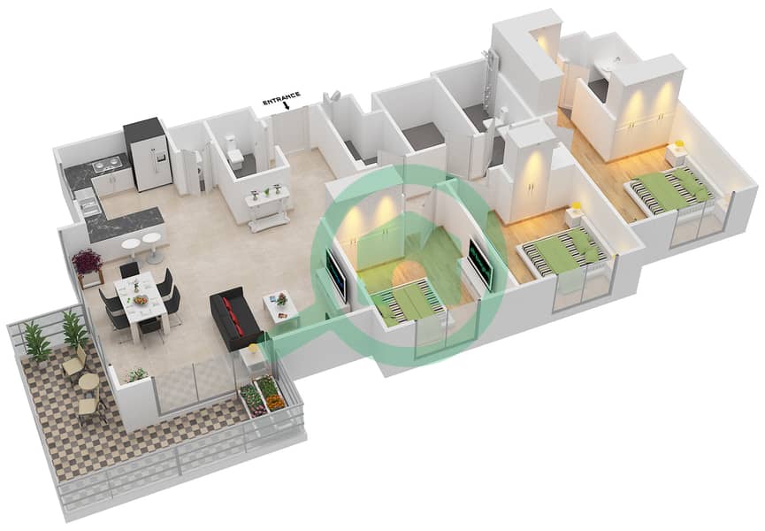 岛屿公园1号 - 3 卧室公寓单位2 FLOOR 1戶型图 Floor 1 interactive3D