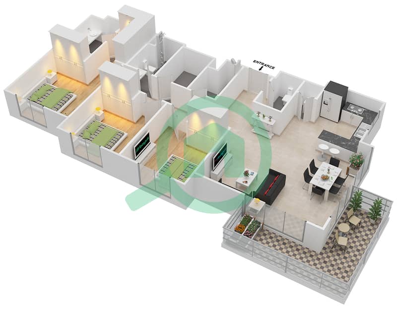 岛屿公园1号 - 3 卧室公寓单位1戶型图 Floor 1 interactive3D