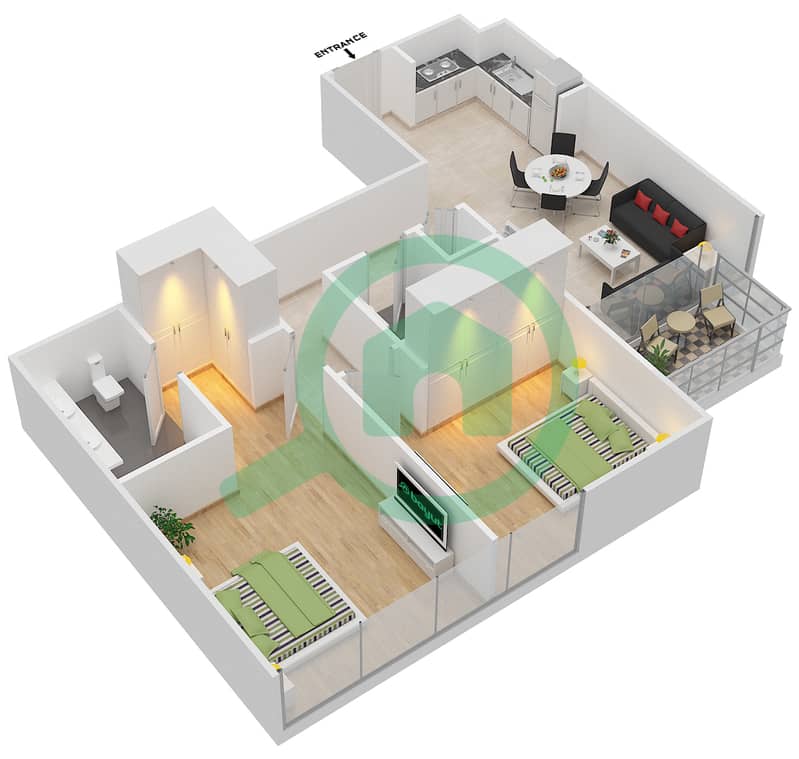 المخططات الطابقية لتصميم الوحدة 10 شقة 2 غرفة نوم - ايلاند بارك 1 Floor 10 interactive3D