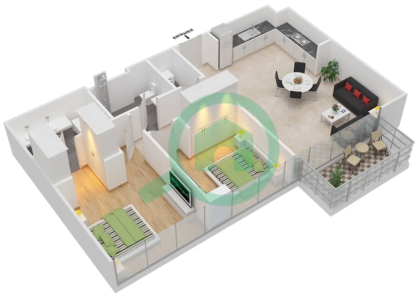 المخططات الطابقية لتصميم الوحدة 11 FLOOR 10 شقة 2 غرفة نوم - ايلاند بارك 1 Floor 10 interactive3D