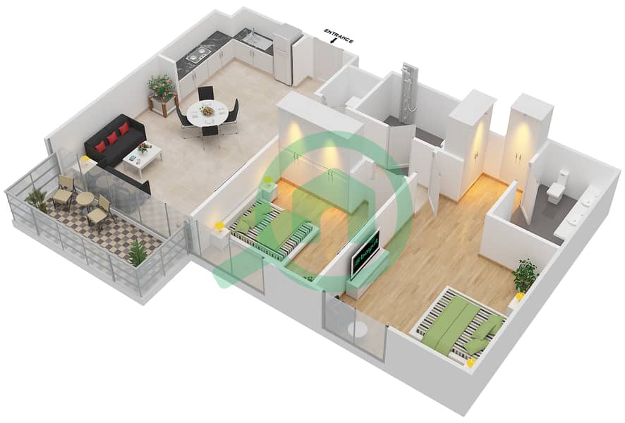 المخططات الطابقية لتصميم الوحدة 4 FLOOR 10 شقة 2 غرفة نوم - ايلاند بارك 1 Floor 10 interactive3D