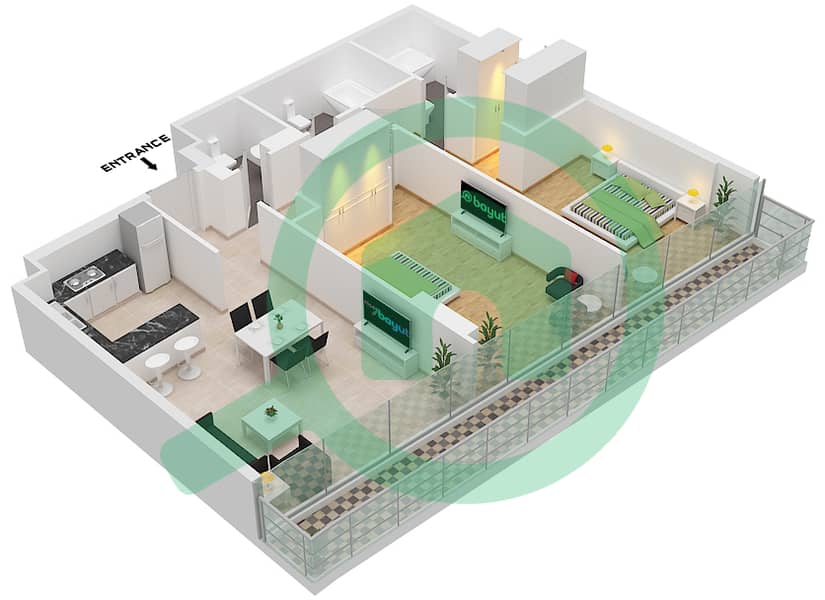 المخططات الطابقية لتصميم الوحدة 9 شقة 2 غرفة نوم - مساكن النسيم A Floor 2 interactive3D