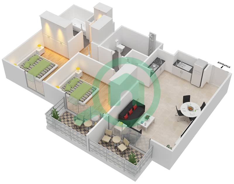 المخططات الطابقية لتصميم الوحدة 1 شقة 2 غرفة نوم - ايلاند بارك 1 Floor 9 interactive3D