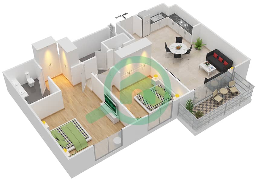 المخططات الطابقية لتصميم الوحدة 9,10,12 شقة 2 غرفة نوم - ايلاند بارك 1 Floor 2-6,7-9 interactive3D