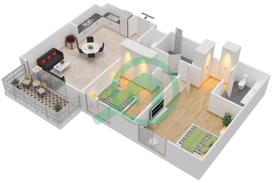 المخططات الطابقية لتصميم الوحدة 5-6 شقة 2 غرفة نوم - ايلاند بارك 1 Floor 8-9 interactive3D