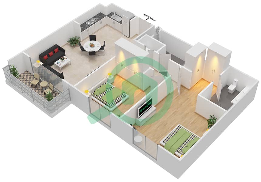المخططات الطابقية لتصميم الوحدة 8,9,11 شقة 2 غرفة نوم - ايلاند بارك 1 Floor 2-6,7-9 interactive3D