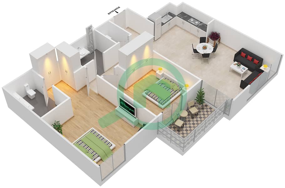 المخططات الطابقية لتصميم الوحدة 5-7,9 شقة 2 غرفة نوم - ايلاند بارك 1 Floor 2-6,7-10 interactive3D