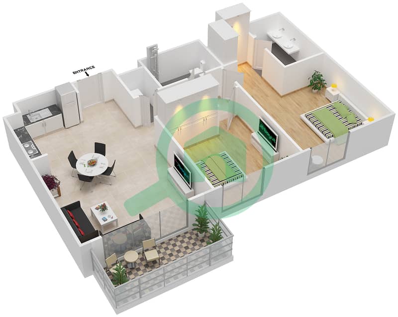 المخططات الطابقية لتصميم الوحدة 8 FLOOR 2-6 شقة 2 غرفة نوم - ايلاند بارك 1 Floor 2-6 interactive3D