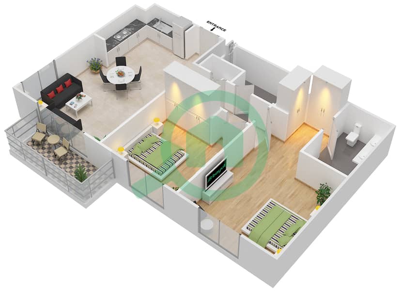 المخططات الطابقية لتصميم الوحدة 5-7 شقة 2 غرفة نوم - ايلاند بارك 1 2-6,8 interactive3D