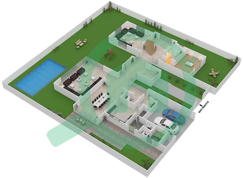 المخططات الطابقية لتصميم النموذج A فیلا 5 غرف نوم - ميلينيوم إستيتس Ground Floor interactive3D