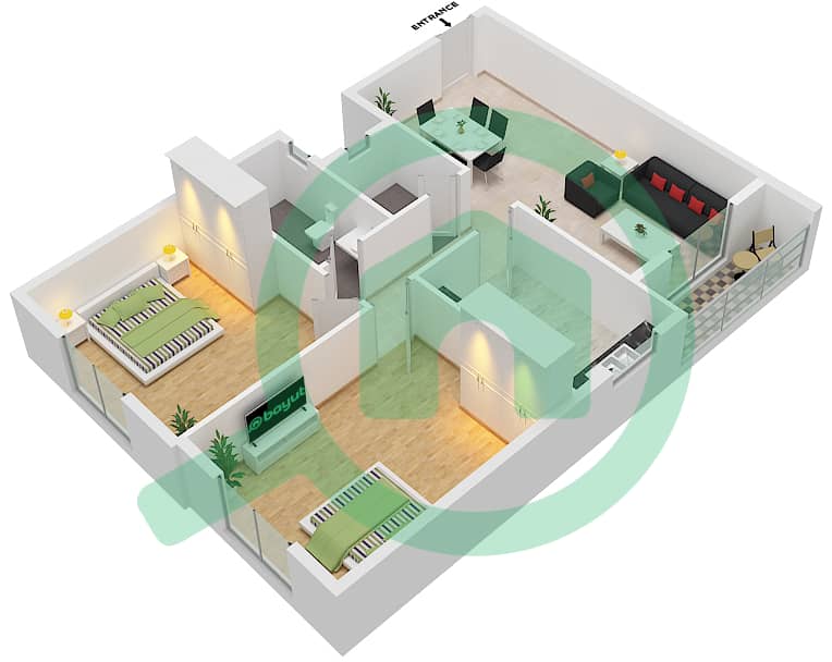 المخططات الطابقية لتصميم الوحدة 9 شقة 2 غرفة نوم - JR 2 ريزيدنس interactive3D