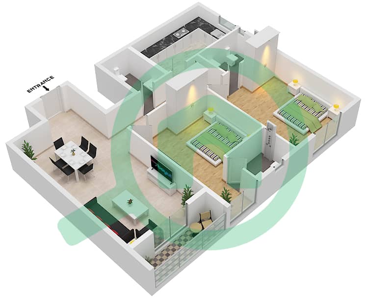 المخططات الطابقية لتصميم الوحدة 8 شقة 2 غرفة نوم - JR 2 ريزيدنس interactive3D