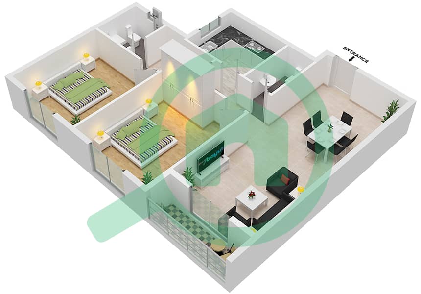 المخططات الطابقية لتصميم الوحدة 6 شقة 2 غرفة نوم - JR 2 ريزيدنس interactive3D