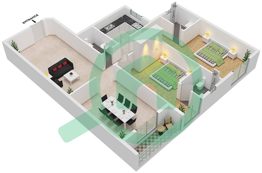 المخططات الطابقية لتصميم الوحدة 5 شقة 2 غرفة نوم - JR 2 ريزيدنس interactive3D