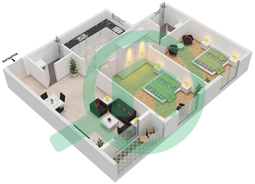 المخططات الطابقية لتصميم الوحدة 3 شقة 2 غرفة نوم - JR 2 ريزيدنس interactive3D