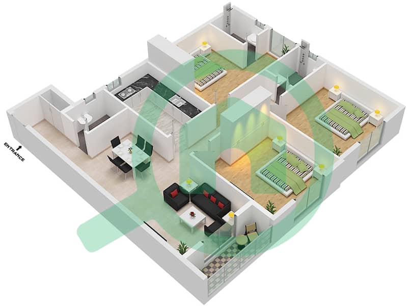 المخططات الطابقية لتصميم الوحدة 2 شقة 3 غرف نوم - JR 2 ريزيدنس interactive3D