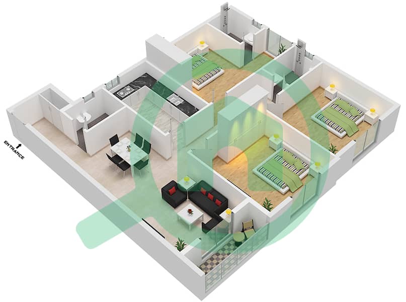 JR 2 号楼 - 3 卧室公寓单位2戶型图 interactive3D