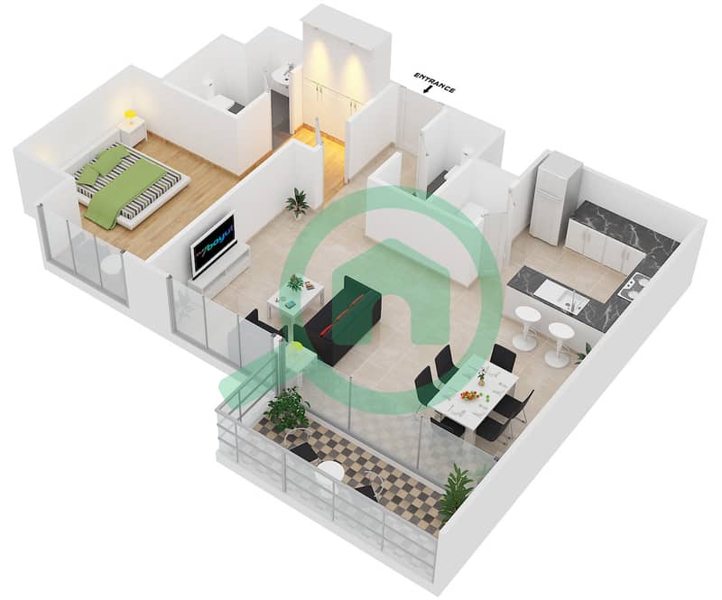 المخططات الطابقية لتصميم النموذج B شقة 1 غرفة نوم - بارك ون ` interactive3D