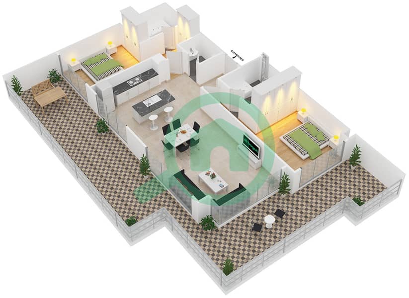 المخططات الطابقية لتصميم النموذج A شقة 2 غرفة نوم - بارك ون interactive3D
