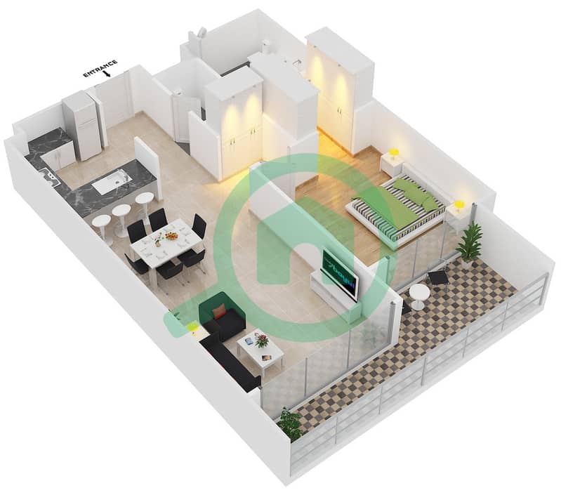 المخططات الطابقية لتصميم النموذج A شقة 1 غرفة نوم - بارك ون interactive3D