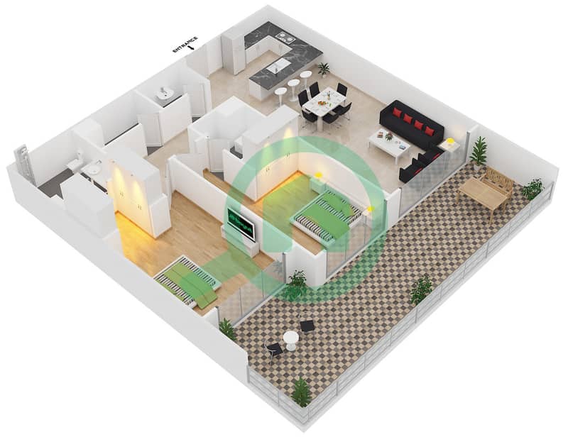 المخططات الطابقية لتصميم النموذج C شقة 2 غرفة نوم - بارك ون interactive3D