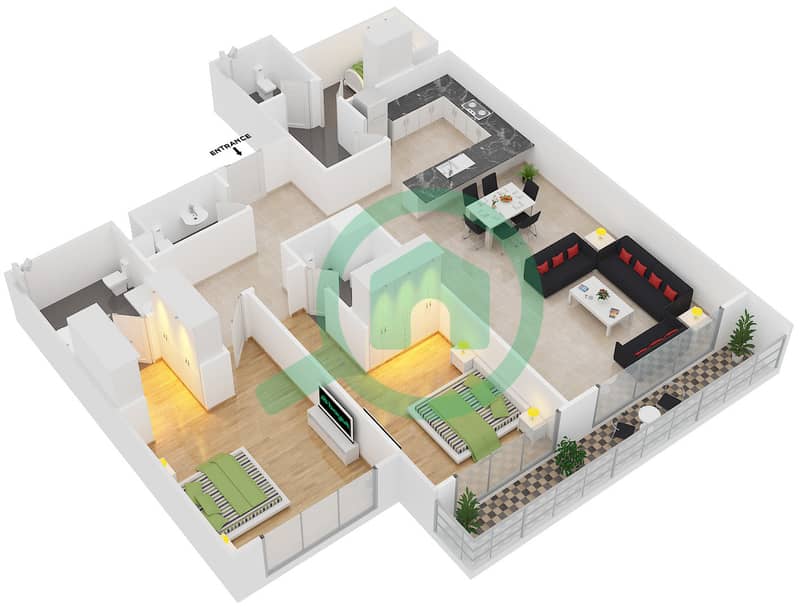 المخططات الطابقية لتصميم النموذج D شقة 2 غرفة نوم - بارك ون interactive3D