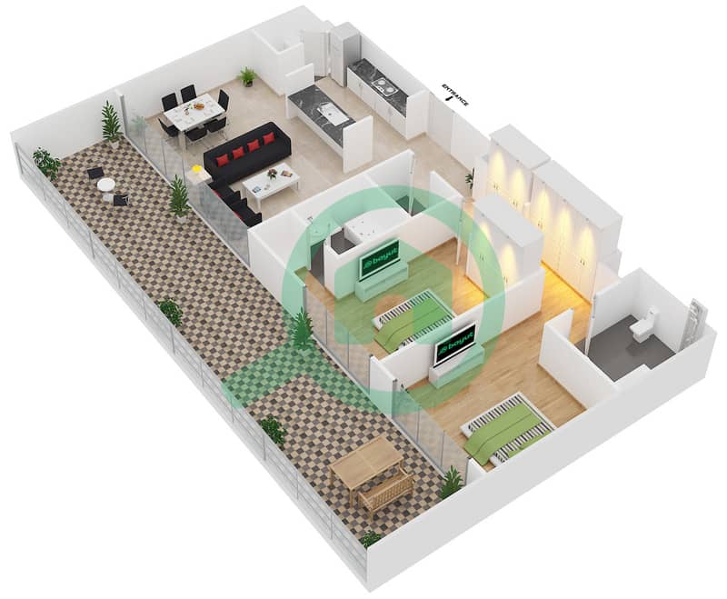 公园壹号公寓 - 2 卧室公寓类型E戶型图 interactive3D