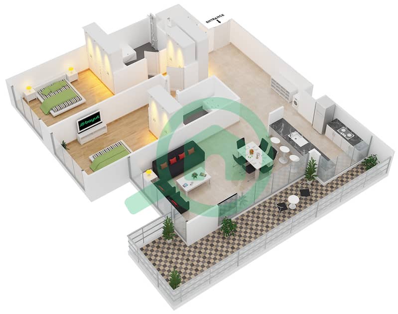 Park One - 2 Bedroom Apartment Type B Floor plan interactive3D