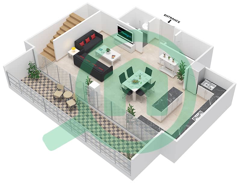 المخططات الطابقية لتصميم النموذج A بنتهاوس 1 غرفة نوم - تو تاورز برج A Lower Floor interactive3D