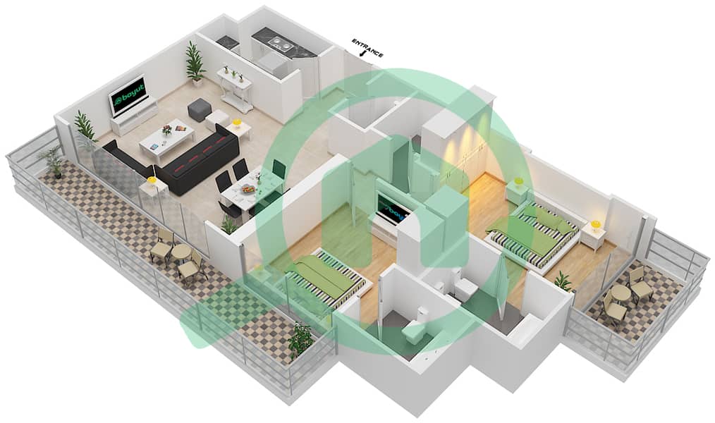 双子塔A座 - 2 卧室公寓类型B戶型图 interactive3D